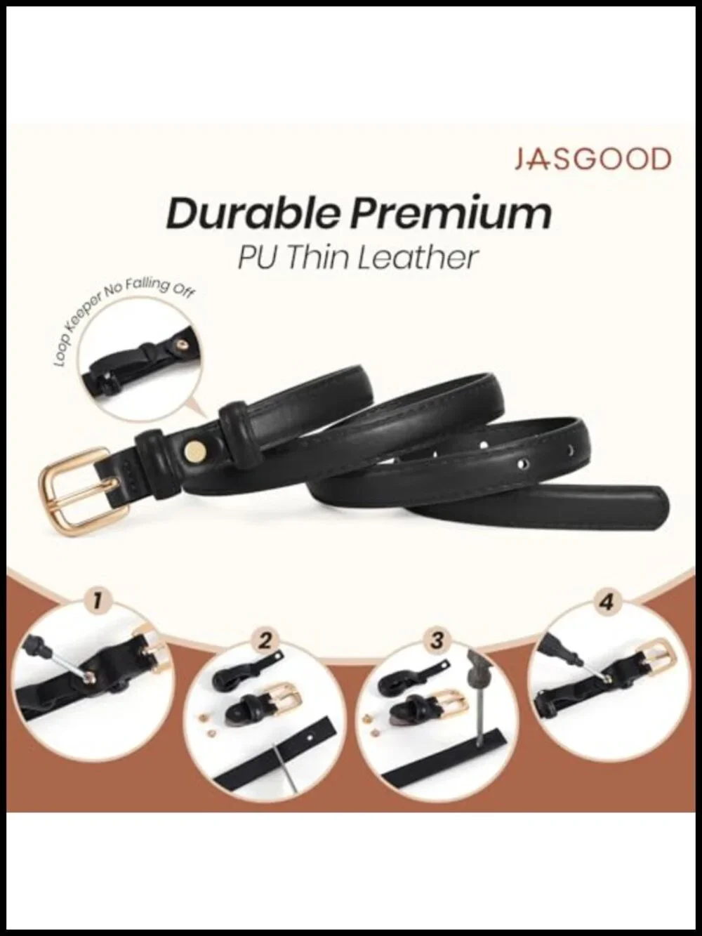 Women Skinny Faux Leather Belt with Gold Buckle - Adjustable Waist Belt for